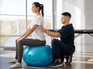 A man sitting on a ball with a woman on it.