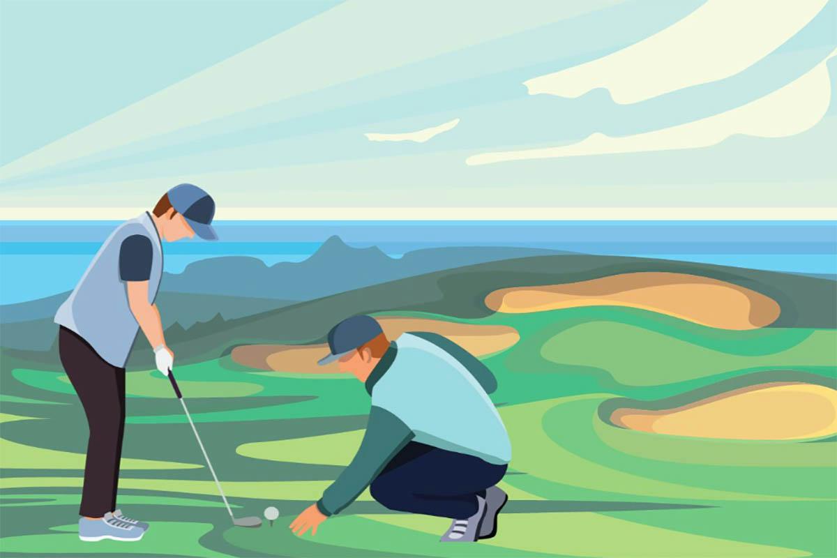 Two men are playing golf on a golf course.