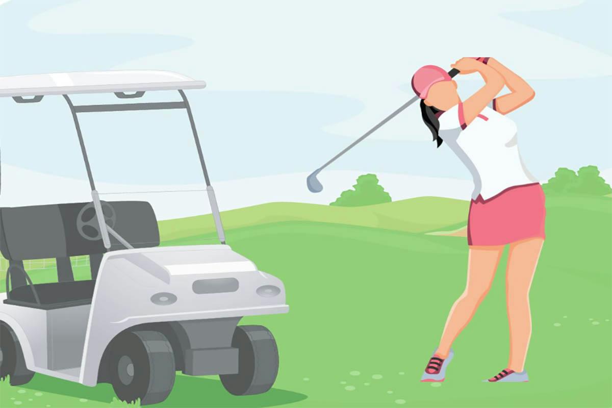 A woman is playing golf with a golf cart.