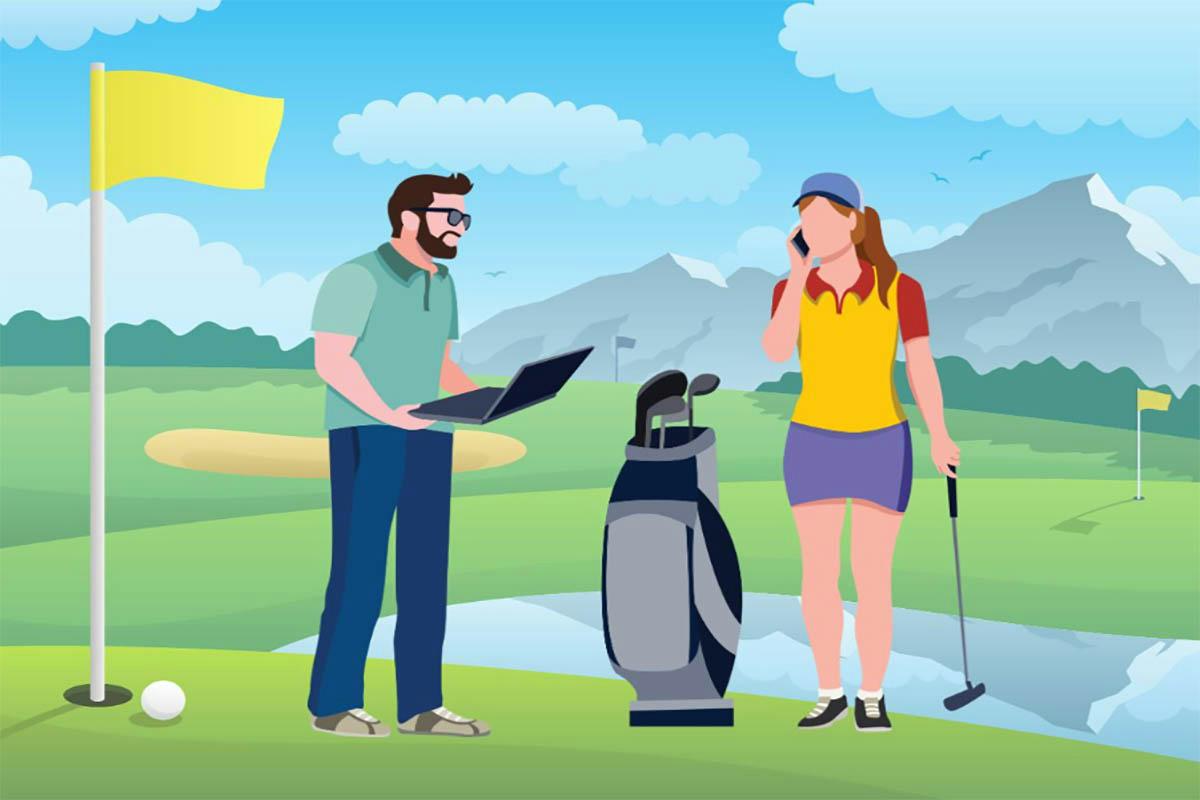 A man and woman talking on the golf course.