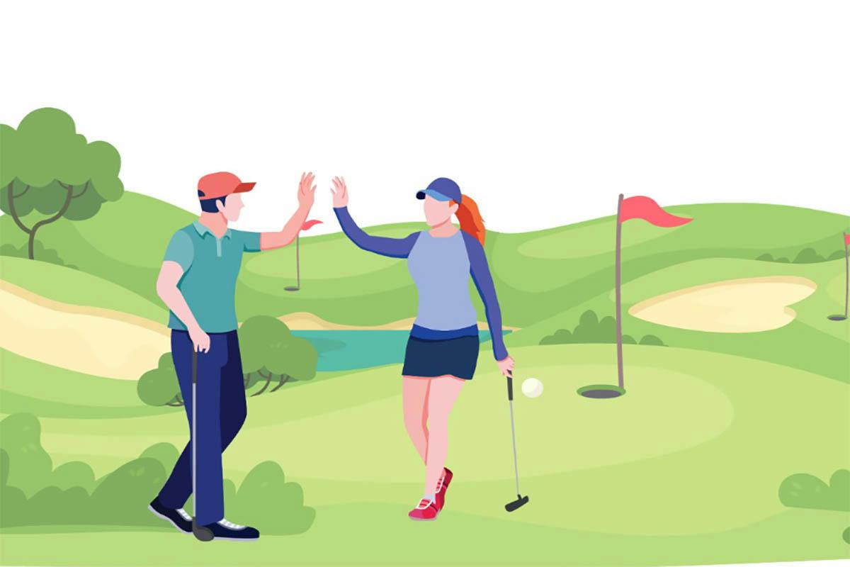 A man and woman giving each other a high five on the golf course.