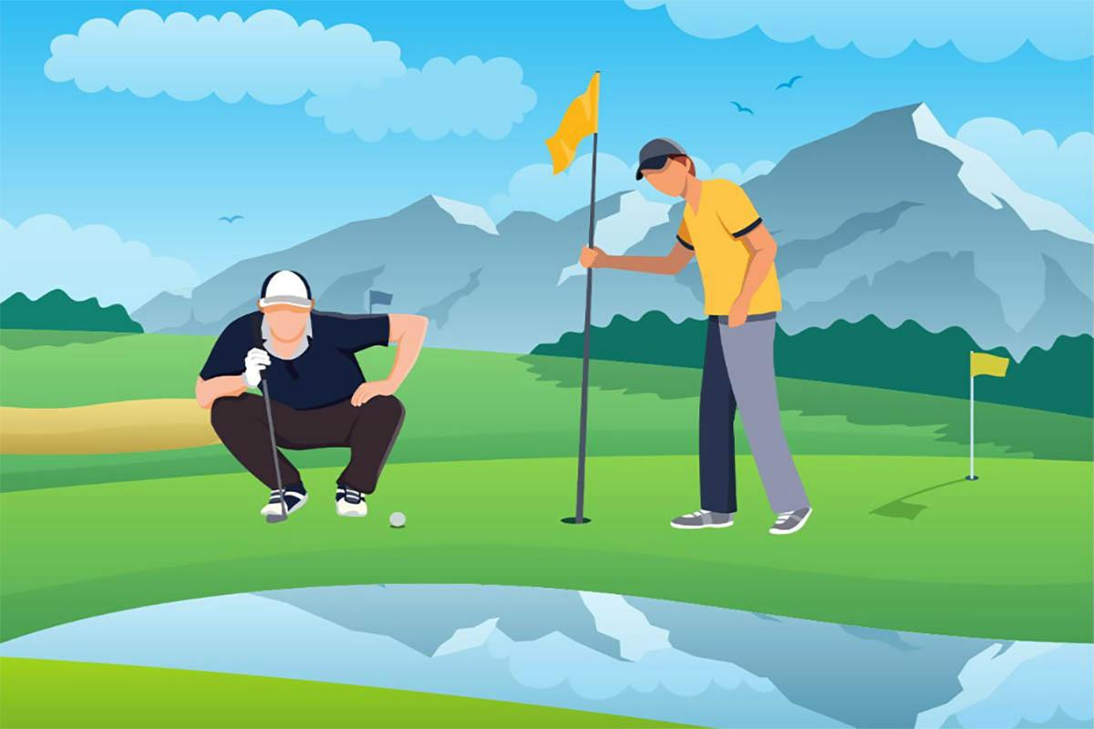 Two men are playing golf in the mountains.